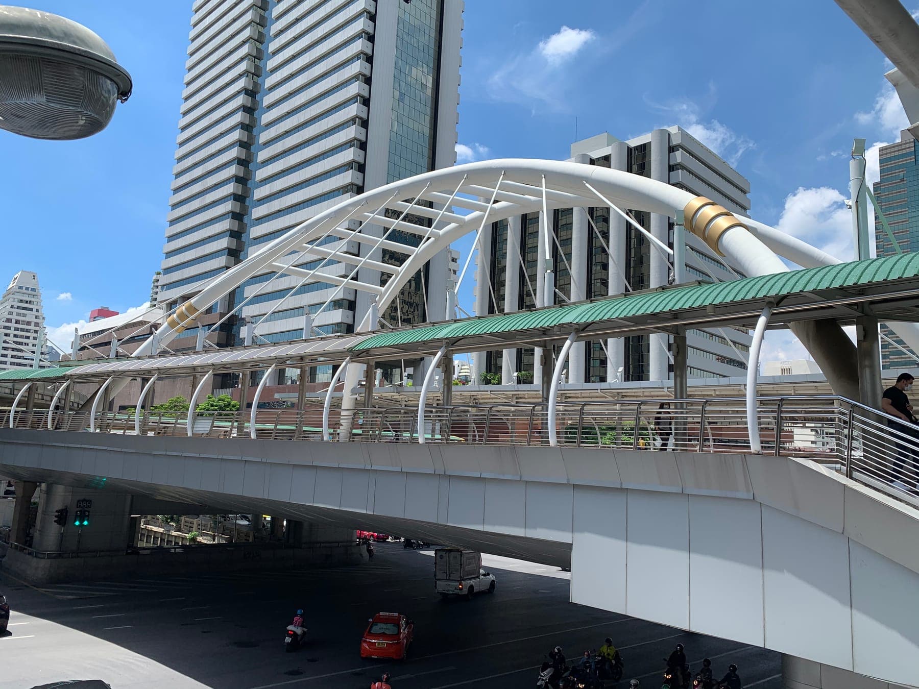 The Sathon Skywalk, the elevated pedestrian walkway at the Chong Nonsi BTS junction in Sathon district, photographed June 2020